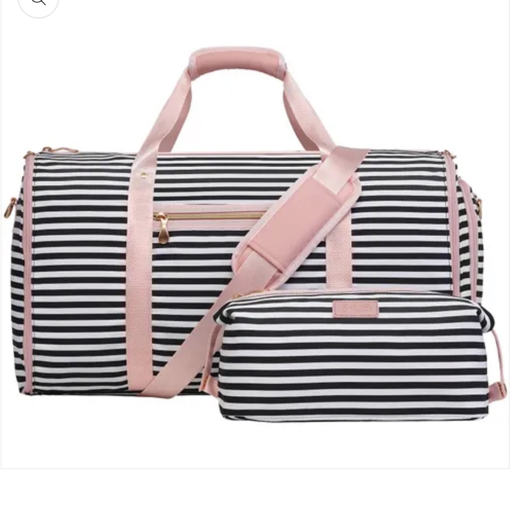 Striped Coolife Black & White Weekend Garment Carry On Bag with Pink Trim